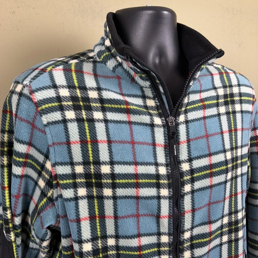 Tommy Hilfiger Retro Full Zip Polar Fleece Jacket Mens S Tartan Plaid Mock Neck